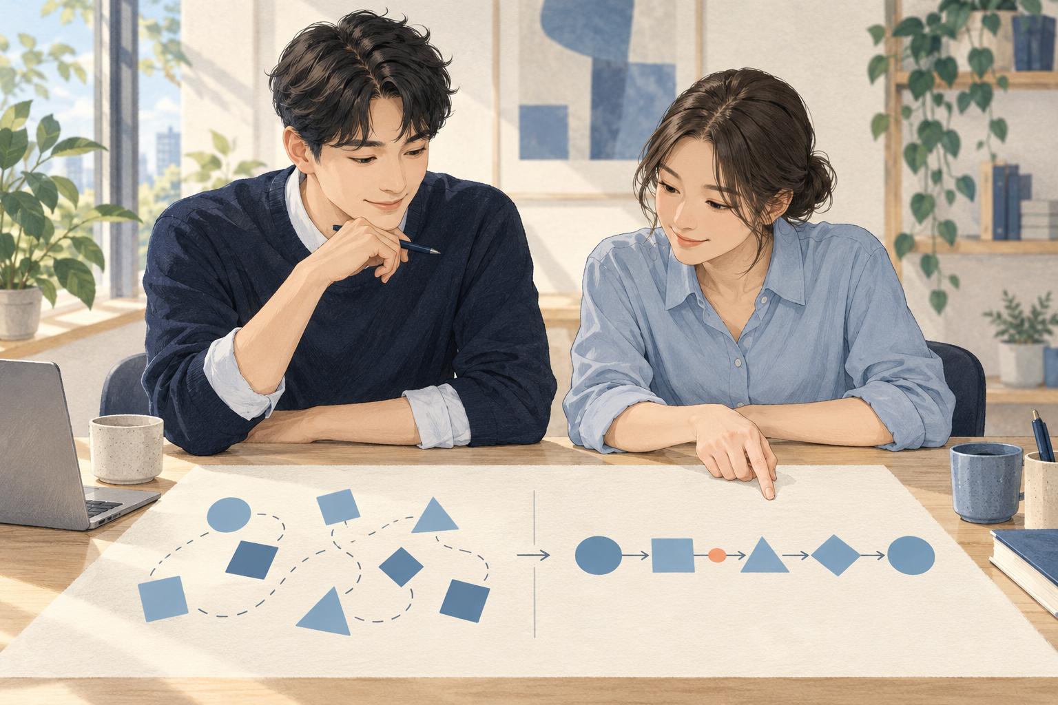 동료와 더 나은 협업 방식을 검토하는 장면
